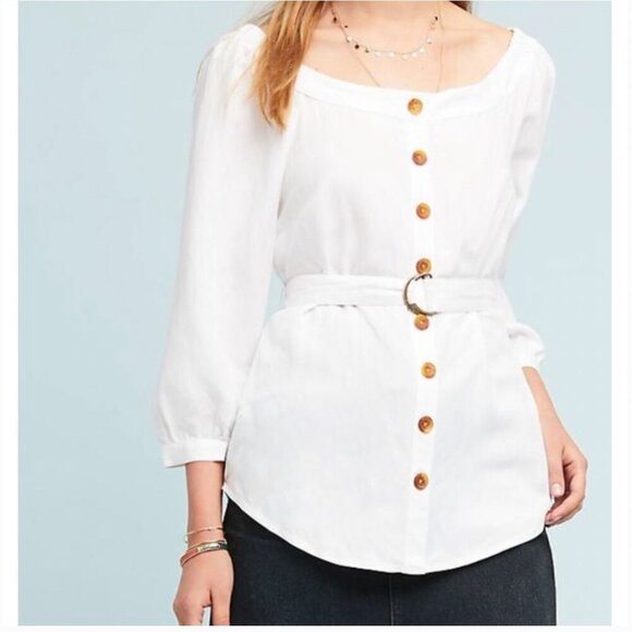 Maeve Anthropologie Alanis Belted Blouse Button Up Shirt Off Shoulder pink sz 8 - Picture 8 of 16